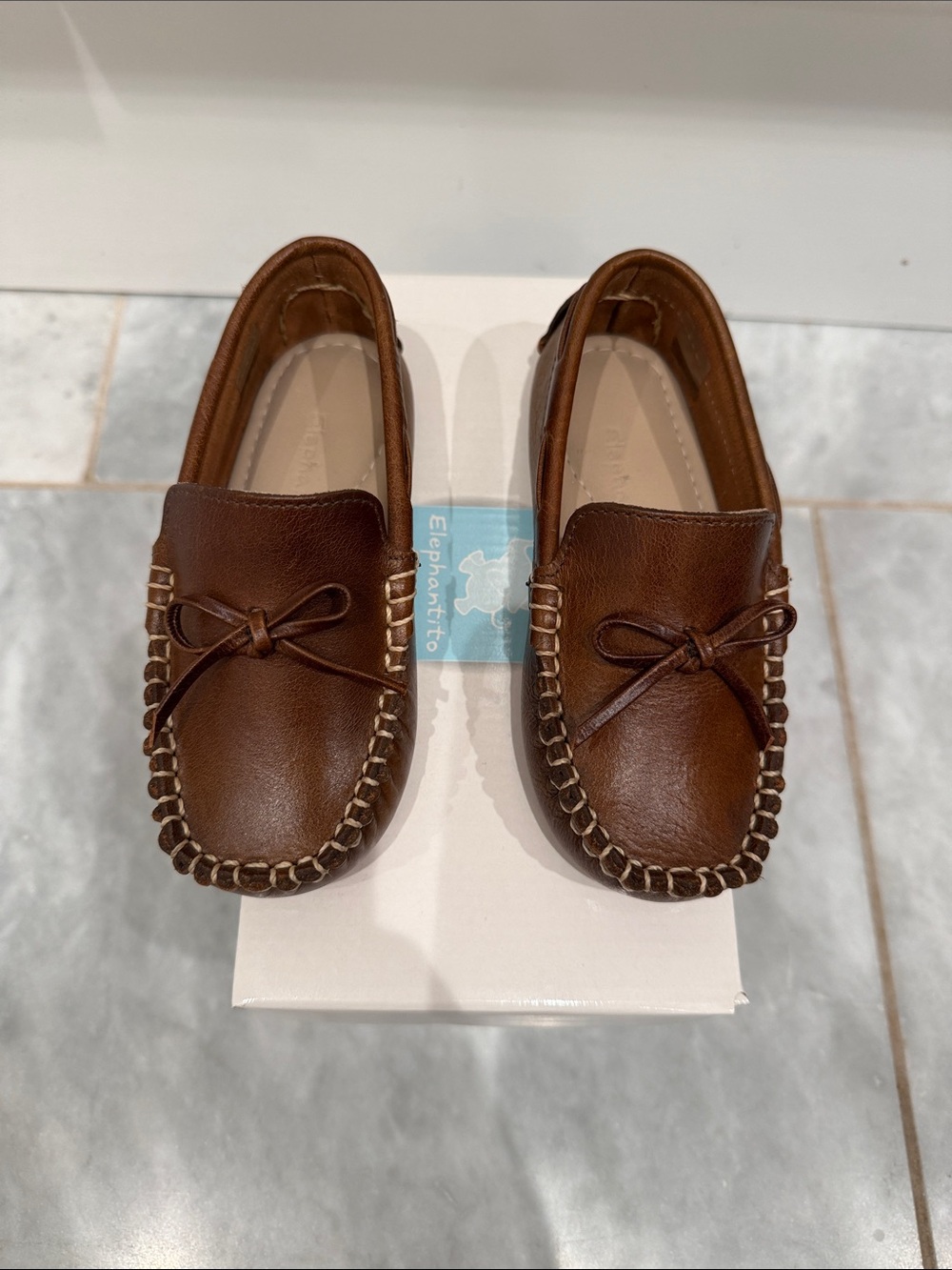 Elephantito Chestnut Brown Leather Moccasins with Bow Trim